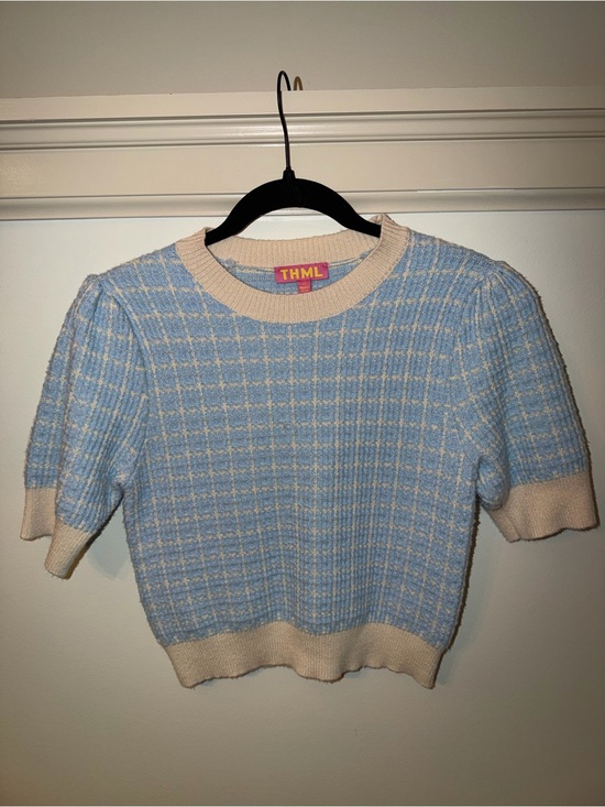 THML Tops - Preppy Light Blue and White Gingham/Tweed Pattern Sweater Blouse Size XS